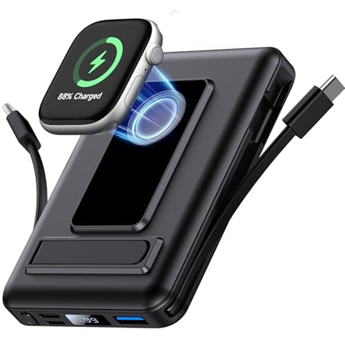 Vexnara Magnetic Portable Charger, 10000mAh Wireless Power Bank for iPhone with Built-in Cables, 20W Fast Charging for Magsafe Battery Pack with Stand for iPhone Air/17/16/15/14/13/12 and Apple Watch