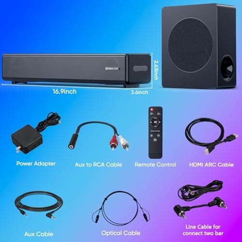 GEOYEAO 2.1 ch Soundbar with subwoofer, Dolby Digital 100W Sound Bars TV Speaker Home Theater Audio Surround Sound System, HDMI eARC/Bluetooth/DSP/Remote Control External Speakers for Smart TVs 6