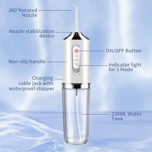 Water-Flosser-Cordless-Teeth-Cleaner MAKJUNS Water Dental Flosser with 3 Modes 4 Jets Rechargeable IPX7 Waterproof for Travel Home Braces(White) 5