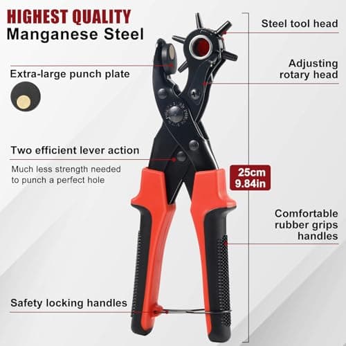 Leather Hole Punch Tool Set, Multi Hole Sizes Puncher, Revolving Punch Plier Kit for Belts, Watch Bands, Handbag Straps, Dog Collars and More 5