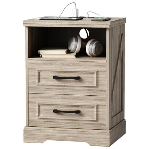 Seeday Farmhouse Nightstand with Charging Station, Rustic Wood Bedside Table with 2 Drawers and Storage Shelf, Night Stand with Type C, USB Ports and Outlets for Living Room, Bedroom Grey