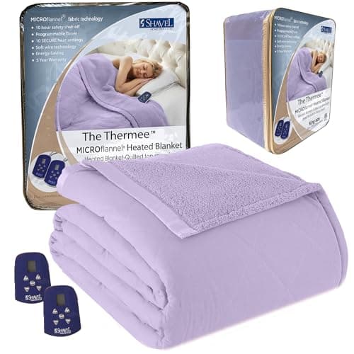 Thermee Micro Flannel Heated Blanket with Sherpa Back, 10-Setting Programmable Electric Blanket - King Size, Ultra-Soft Heated Throw - Lilac