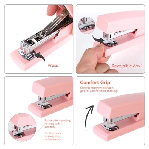 Pink Desk Accessories, Pink Office Supplies Set with Stapler, Tape Dispenser, Staple Remover, Pen Holder, Scissor, Binder/Paper Clips, Ballpoint Pen, Clear Tape and 1000pcs Staples 5