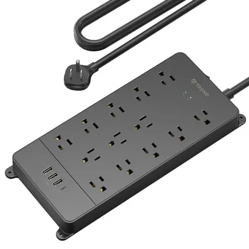 TROND Surge Protector Power Strip, 4000 Joules, ETL Listed, 13 Widely-Spaced Outlets Expansion with USB C Ports, Low-Profile Flat Plug, Wall Mountable, 5ft Extension Cord, 14AWG Heavy Duty, Black