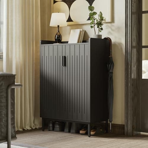 Mericonia Modern Shoe Cabinet with Metal Legs, Farmhouse Large 5-Tier Shoe Storage Cabinet with Doors, Wooden Shoe Organizer for Entryway, Hallway, Bedroom, Living Room (Modern Shoe Cabinet, Black)