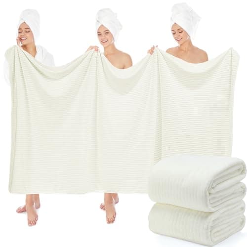 SmoothNovelty 2 Pcs Extra Large Bath Sheets 40 x 80in Oversized Jumbo Bathroom Towel Giant XXL Coral Fleece Beach Sheets Soft Quick Dry Absorbent with Hanging Loop (Cream)