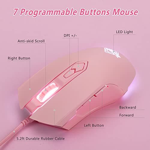 Lomiluskr AJ52 RGB Wired Gaming Mouse, 7 Programmable Buttons, Computer Mice with RGB Lighting, 200-4800 DPI Adjustable, for PC/Laptop (Pink) 7
