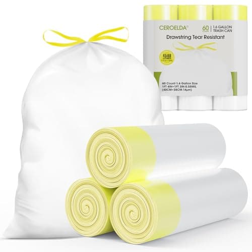 CEROELDA 1.6 Gallon Small Trash Bags, 60 Count Mini Drawstring Garbage Bags Unscented fit 4.5-8 Liter, 1.2-2 Gallon Thick Plastic Wastebasket Liners for Bathroom Bedroom Office Toilet