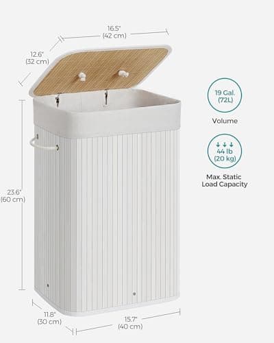 SONGMICS Foldable Laundry Hamper with Lid, 19 Gal. Bamboo Laundry Basket, Rectangular Storage Hamper with 3 Handles, 15.7 x 11.8 x 23.6 Inches, for Laundry Room, Bedroom, White ULCB010W01 6