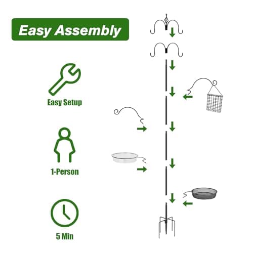 Kodope Bird Feeding Station, 90.55in 6-Hook Wild Bird Feeder Stand Pole with Water & Mesh Tray Humming Bird Feeders for Outdoors Easy Assembly for Courtyards Gardens (Black) 5