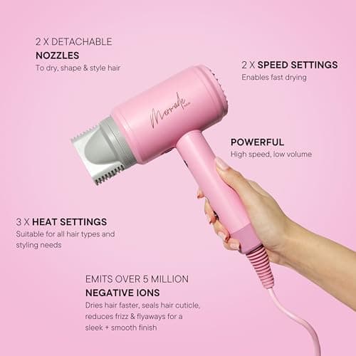 Mermade Hair Dryer - Blow Dryer, Hairdryer, Curly Hair Dryer, Professional Blowdryer for Fast Drying, Styling, Blowout, Compact & Portable, Works on All Hair Types - Pink (Pack of 1) 8