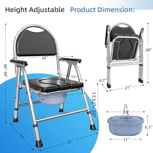 4 in 1 Folding Bedside Commode Chair for Elderly with Arms and Back,Adjustable Height Raised Toilet Seat with Handles,Adults Potty Chair for Seniors,Disabled Holds Up to 350 lbs 3