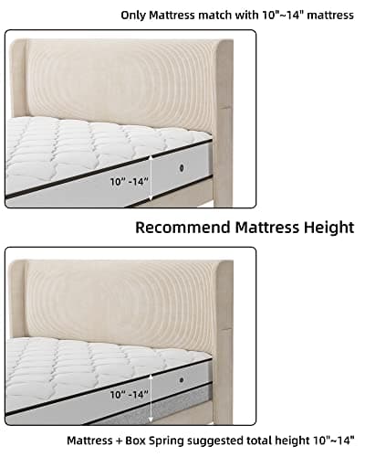 Homhougo Full Bed Frame with Headboad and Wingback, Velvet Upholstered Platform Bed with 2 Storage Pockets, Sturdy Wood Slat Support, No Box Spring Needed, Easy Assembly, Beige 8