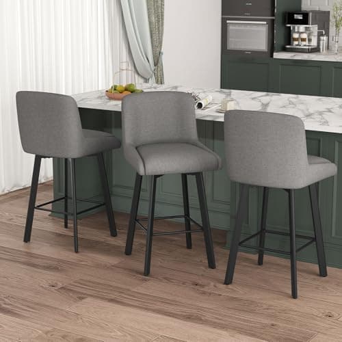 SAECKBERG Swivel Counter Height Bar Stools Set of 3, 26''H Upholstered Barstools with Backs, Modern Bar Stool Chairs for Kitchen Island, Metal Legs, Fabric, Gray Stools Counter Chair