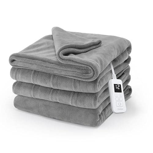 Sunbeam Electric Royal Luxe Microplush Heated Blanket, 12 Heat Settings, 12-Hour Selectable Auto Shut-Off, Fast Heating, Warm and Cozy, Dove Grey Color, Full, 84" x 72"