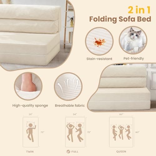 JUIKURY Folding Sofa Bed, Convertible Sleeper Chair with Pilow Foldable Matress, 2 in 1 Pull Out Loveseat Sofa Portable Fold Out Chair Bed Floor Couch Lounge for Living Room Bedroom (Beige, Queen) 7