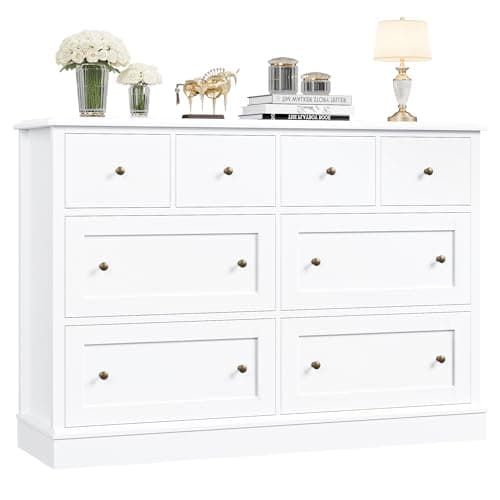 FINETONES White Dresser with 8 Drawers, 47.2" White Dressers & Chest of Drawers with Large Storage, Long Dresser with Deep Drawers for Home Office