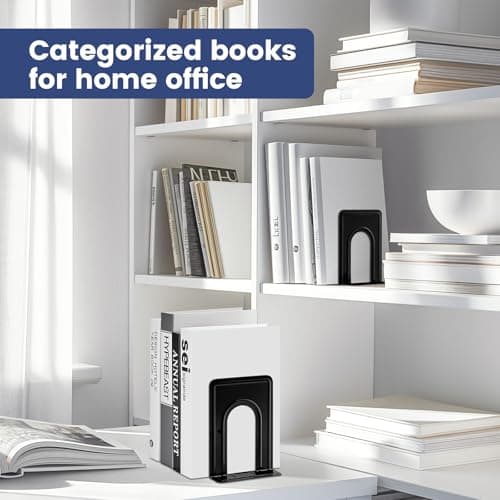HappyHapi Book Ends, Non-Skid Metal Bookend Supports for Shelves, Heavy Duty Book End, Office Book Stopper, 6 x 5 x 6 Inches, 14 Pieces / 7 Pairs (Black) 6
