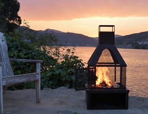 43" H Living Outdoor Wood Burning Fire Pit with Wood Storage,Chiminea Fireplace with Mesh Spark Screen Doors, Black