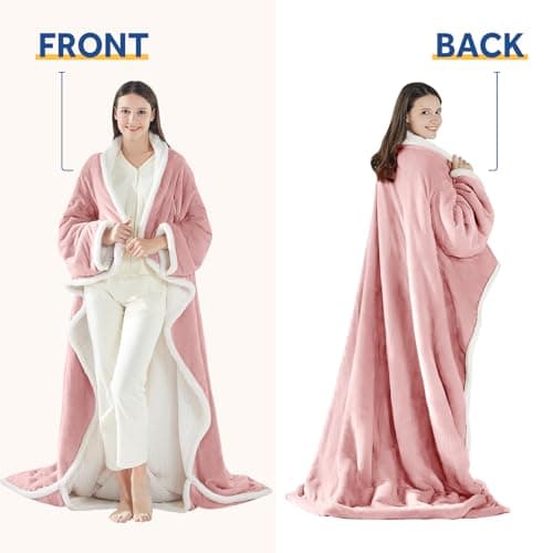 Sealy Electric Blanket Wearable with Foot Pocket, Electric Snuggle Blanket with Sleeves, Flannel & Sherpa Heating Throw with 6 Heat Settings & 2-10 Hours Auto Shut Off, 50 * 70"+18", Pink 6