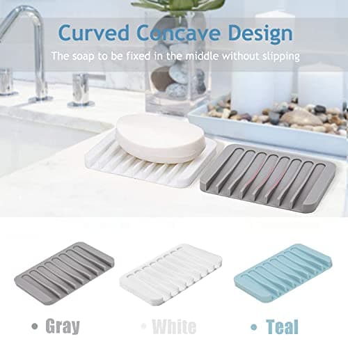 Self Draining Soap Dishes, 3 Pcs Silicone Soap Saver, Waterfall Drainer Soap Holder for Bathroom, Extend Soap Life, Keep Soap Bars Dry Clean & Easy Cleaning (White, Gray, Teal) 6