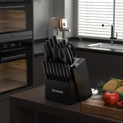Knife Set, Astercook 21 Pieces Knife Sets for Kitchen with Block, Dishwasher Safe Kitchen Knife Set with Built-in Sharpener, German Stainless Steel Black Knife Block Set 5