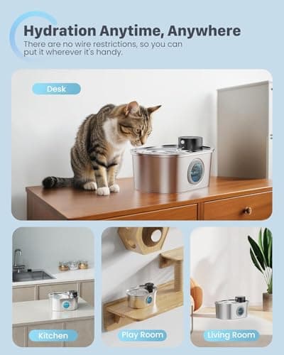 Wireless Cat Water Fountain: Battery Operated Stainless Steel Pet Fountain, Automatic Cordless Water Dispenser Indoor, Metal Faucet Bottle for Drinking, Rechargeable Dog Water Bowl with 1 Filter 8