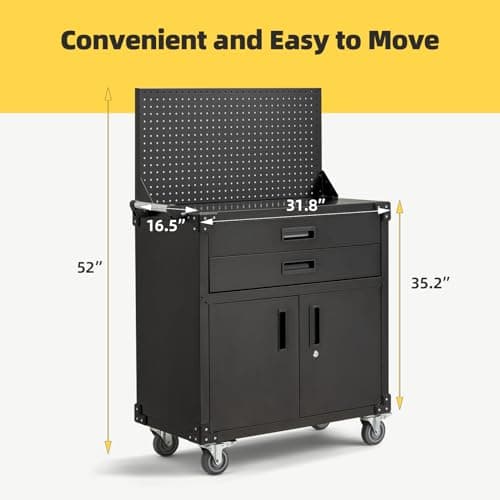 JFHID 52'' Work Bench for Garage with Pegboard Drawers and Cabinets Heavy Duty Metal Frame Tool Bench for Shop Kitchen Cabinets Organizer Work Table with Wheels (Black) 6