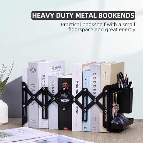 ALKALO Adjustable Bookends, 19" Metal Book Ends for Heavy Books, 2 Dividers Bookends with Removable Pen Holder, Tray, and 3 Hook-up, Book Organizer for Office, School, Bookstore, Home 7