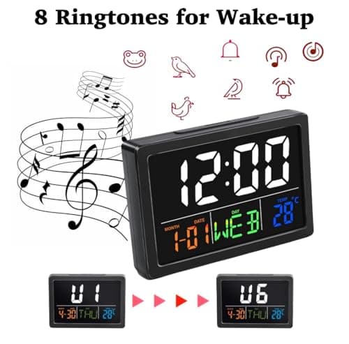 RQG Alarm Clock for Bedrooms, 5.5" Large LED Digital Alarm Clock, Desk Clock for Living Room with Temperature Calendar Snooze, Adjustable Volume, Gift for Heavy Sleepers Students Elderly 5