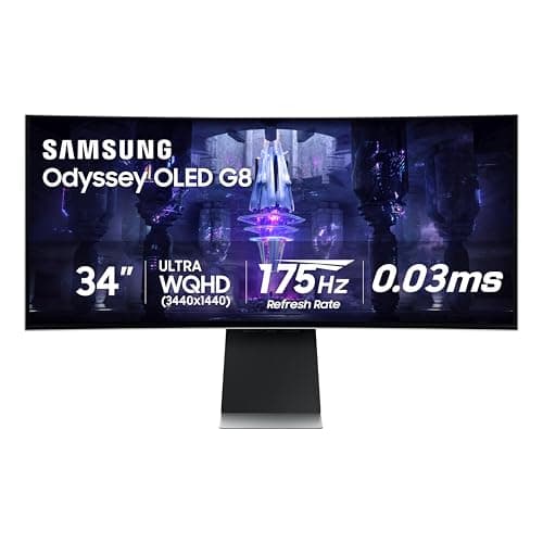 Samsung 34' Odyssey G85SB Series QD-OLED Ultra WQHD Curved Gaming Monitor, 175Hz, 0.03ms, DisplayHDR True Black 400, AMD FreeSync Premium Pro, Advanced Game Streaming, LS34BG850SNXZA