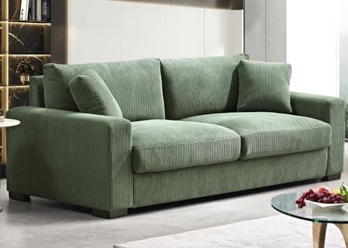 Container Furniture Direct Luxe Corduroy Sofa with 2 Toss Pillows, Spacious and Comfortable 3 Seater Couch for Modern Living Room, Ideal for Entertainment and Cozy Moments, 89" Wide, Green