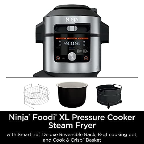 Ninja OL601 Foodi XL 8 Qt. Pressure Cooker Steam Fryer with SmartLid, 14-in-1 that Air Fries, Bakes & More, with 3-Layer Capacity, 5 Qt. Crisp Basket & 45 Recipes, Silver/Black 11