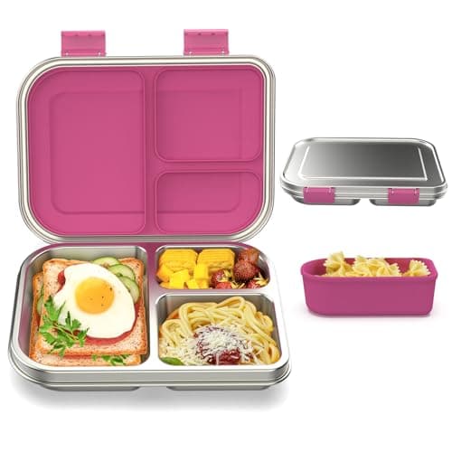 BABHAMNESS Stainless Steel Bento Box Kids, 3 Compartments Leak Proof Metal Bento Lunch Box, 304 Stainless Steel Bento Lunch Containers for School and Office,Dishwasher Safe, BPA-Free-Pink