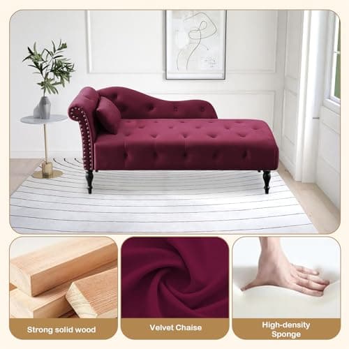HomJoones Tufted Upholstered Velvet Rolled Arm Chaise Lounges Indoor Chair, Right Arm Facing Chaise Lounge with Nailhead Trim and 1 Pillow,for Living Room Bedroom Office (Burgundy) 6