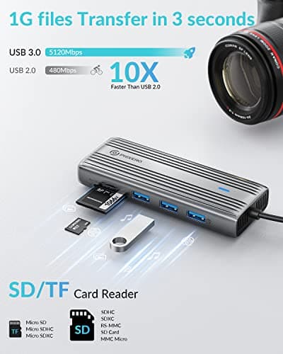 PHIXERO 8-in-1 USB C Adapter with 3 USB 3.0 5Gbps Ports, 1Gbps Ethernet, 4K@60Hz Docking Station,100W PD, SD/TF Reader, for MacBook Pro/Air, Laptops, Surface and More(Gray) 7