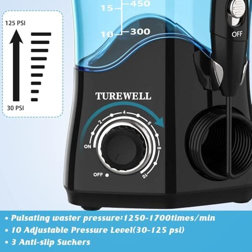 TUREWELL Water Dental Flosser for Teeth/Braces, Water Teeth Cleaner 8 Jet Tips and 10 Pressure Levels, 600ML Large Water Tank Oral Irrigator for Family(Black) 7