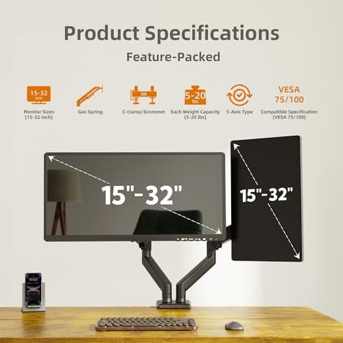 Claiks Dual Monitor Mount for 15-32 Screens, Ergonomic Gas Spring Monitor Arm for, Adjustable Computer Monitor Stand up to 40 lbs, with Clamp and Grommet Base, VESA Mounting Holes 75&100mm, Black 2