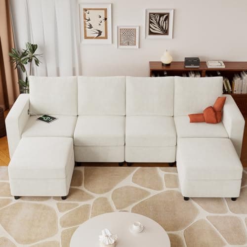VINGLI 108" U-Shaped Storage Modular Sectional Sofa Sleeper in USB Built-in Charger, Convertible Couch Bed with High-Resilience Foam, 4 Deep Seaters Module/2 Ottomans(Chaises),Chenille/Cream White 6