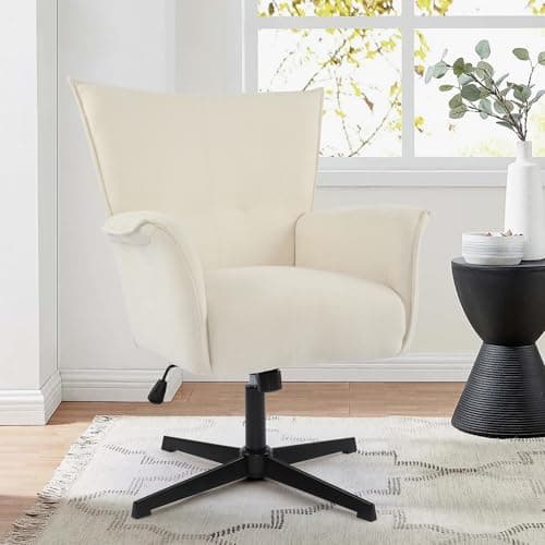DAGONHIL Home Office Desk Chair No Wheels Armchair Linen Fabric Swivel Chair High-Back Wide Seat Upholstered Accent Chair with Metal Legs Computer Chair, Beige