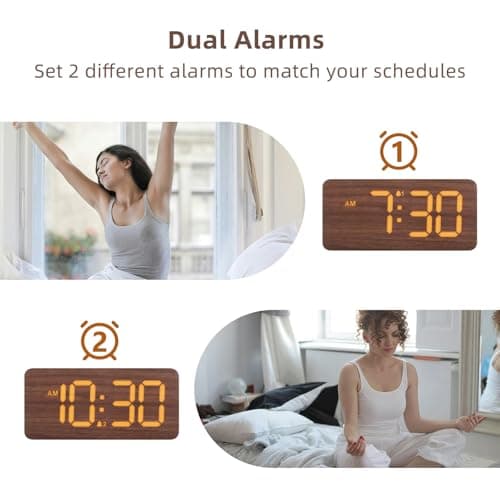 uscce Wooden Digital Alarm Clocks for Bedrooms: Dimmable Dual Alarm Clock with Large Numbers for Bedside Desk - Loud Alarm for Heavy Sleepers with Volume Control - Wood Decor & Gifts 5