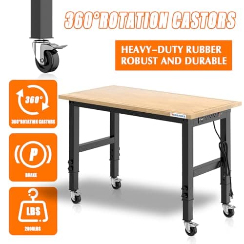 LARBANKE 48" Adjustable Workbench with Wheels,Heavy-Duty Rubber Wood Worktable with Power Outlets & Precision Scales & Foot Pads,2000 LBS Load Capacity Work Benches for Garage,Workshop,Office,Home 6