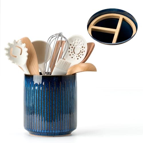 JIEMEI HOME Kitchen Utensil Holder, 7.2" Large Ceramic Stable Utensil Crock for Kitchen Counter, Utensil Holder with Cork Mat, Removable Bamboo Divider for Easy, Kitchen Decor, Special Reactive Navy 5