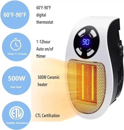 450W Mini Space Heater With Temperature Detection, Remote Wall Outlet Electric Space Heater as Seen on TV with Adjustable Thermostat and Timer and Led Display, Compact for Office Room RV (Smart-White) 6