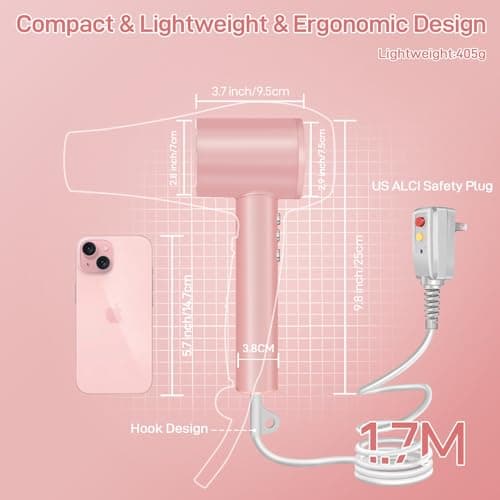 CIICII Negative Ionic Hair Dryer Professional, 120000RPM High Speed Blow Dryer (1600W Brushless/ 3-Speed/ 4-Temp & HD Display & Portable Bag) Fast Drying Hairdryer for Home, Travel & Salon (Pink) 7