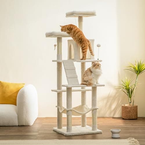 MWPO 70.1-Inch Large Cat Tree, Multi-Level Tall Cat Tower for Indoor Cats, Plush Cat Condo with Big Padded Perches, Sisal-Covered Scratching Posts, Hammock, Toys for Kittens & Cats - Beige 8