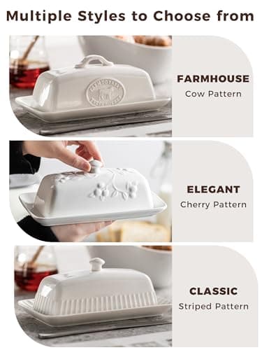 YHOJOY Butter Dish with Lid for Countertop, Ceramic Butter Dish with Knob Handle, Large Butter Holder Container for East West Coast Butter Storage, Cherry 8
