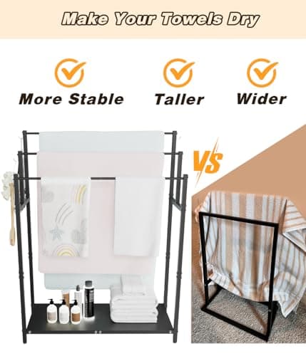 Mondazie 44” Tall Free Standing Towel Racks with 6 Hooks for Bathroom, 3 Tiers Oversized Pool Bath Towels Drying Stand, Metal Blanket Ladder Holder with Storage Shelf for Bedroom Living Room, Black 6