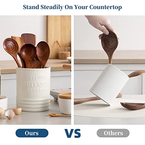 LOVECASA Vintage Utensil Holder for Kitchen Countertop, 7.2” Large Ceramic Utensil Crock for Home Décor, Farmhouse Utensil Vase for Housewarming, Wedding, Birthday Gift - Cream White 5