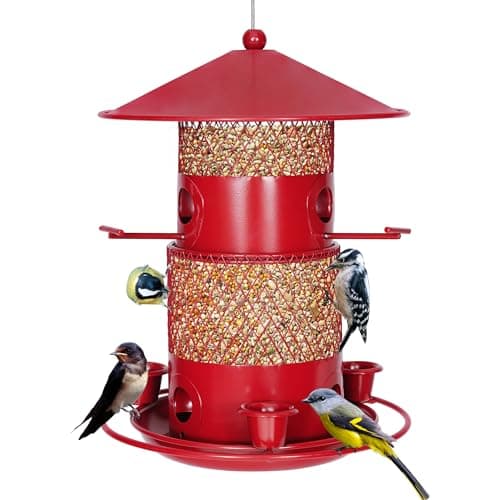 VECELO Bird Feeders for Outdoors - Hanging, Large Capacity, 4 Water Cups & 6 Feeding Ports with Perch, Metal, Easy to Clean, Attracts Wild Birds